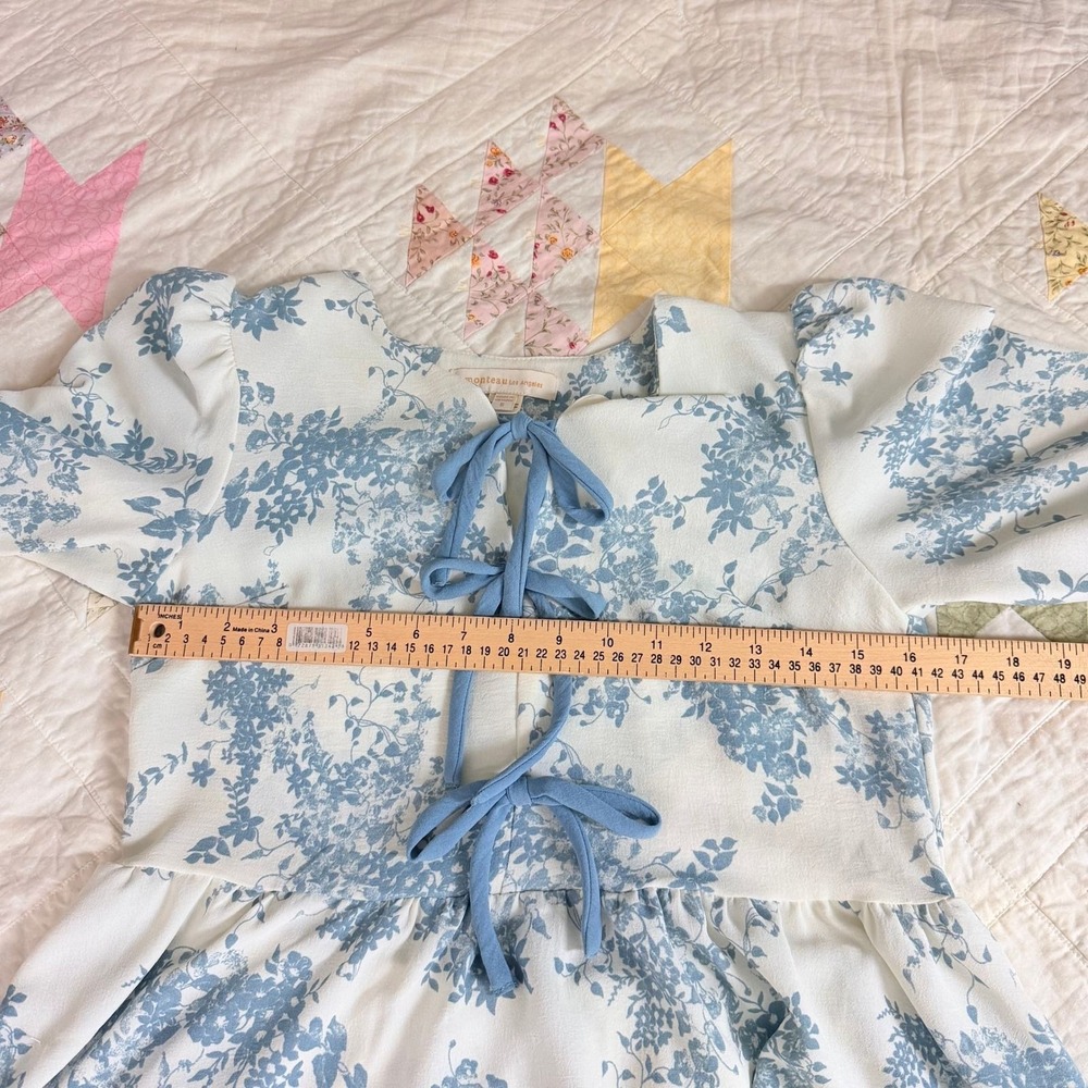 Monteau Los Angeles Floral Tie Front Peplum Blouse Blue Cream Small - Picture 8 of 9